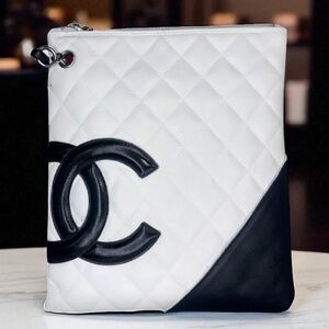 CHANEL Cambon Line White/Black CC Logo Leather Shoulder Bag